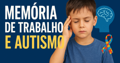 Imagem em tons de azul com o título em letras grandes: “Memória de Trabalho e Autismo”. À esquerda, há um cérebro ilustrado com conexões coloridas que simbolizam a neurociência. À direita, um menino com expressão concentrada toca a têmpora, sugerindo esforço mental. No canto inferior, aparece o laço colorido do autismo, representando a neurodiversidade.