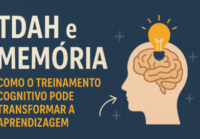 Ela mostra um cérebro estilizado dentro do contorno de uma cabeça humana, com uma lâmpada acesa simbolizando ideias e aprendizado. O design utiliza tons suaves e fundo azul-escuro, reforçando o caráter educativo e científico do conteúdo sobre atenção, memória e desenvolvimento cognitivo.