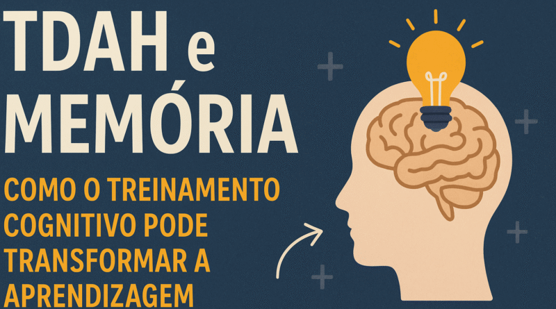 Ela mostra um cérebro estilizado dentro do contorno de uma cabeça humana, com uma lâmpada acesa simbolizando ideias e aprendizado. O design utiliza tons suaves e fundo azul-escuro, reforçando o caráter educativo e científico do conteúdo sobre atenção, memória e desenvolvimento cognitivo.