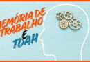 Imagem de um cérebro humano sobre um fundo azul-claro. À esquerda, em letras grandes, lê-se “Memória de Trabalho e TDAH”. A composição transmite a ideia de atividade mental, foco e funcionamento cognitivo.
