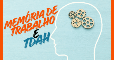 Imagem de um cérebro humano sobre um fundo azul-claro. À esquerda, em letras grandes, lê-se “Memória de Trabalho e TDAH”. A composição transmite a ideia de atividade mental, foco e funcionamento cognitivo.